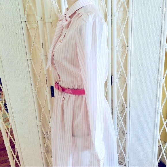 VINTAGE 70s Dress White Pink Stripes Bow Tie Belted size 10 - Picture 10 of 16